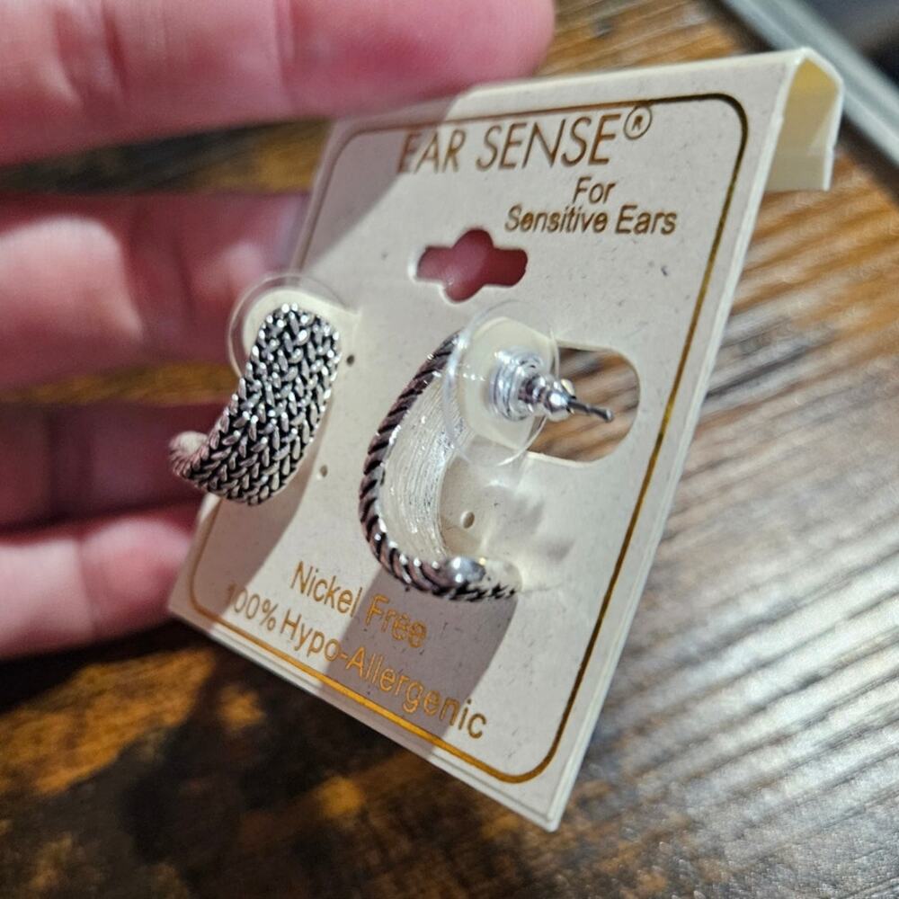 Ear Sense Silver Tone Woven Half Hoop Earrings Nickel Free Hypoallergenic NWT